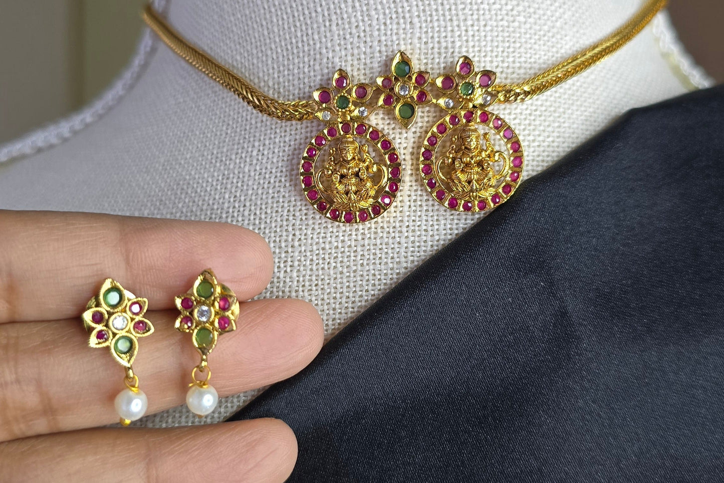 South Indian Temple Choker Necklace Set | Lakshmi Coin Choker with Ruby & Green Stones | Traditional Indian Bridal Jewelry | Budget Friendly Ethnic Necklace with Earrings