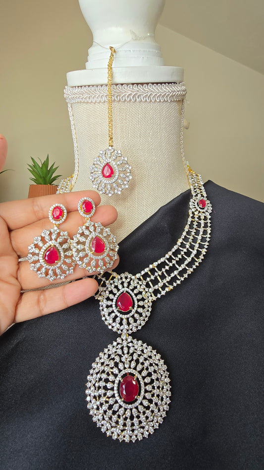 INDIAN RUBY HARAM Jewelry Mid length Necklace Earrings & Maang tika Diamond finish