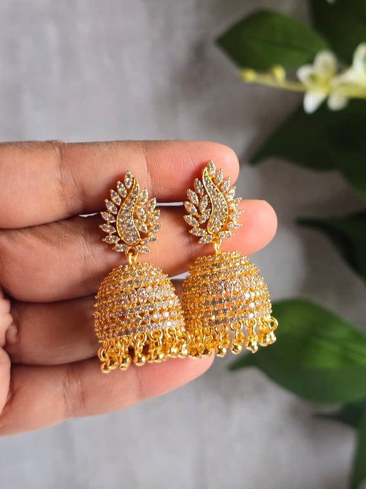 Luxury CZ Gold Jhumka Earrings | Statement Indian Wedding & Party Jewelry