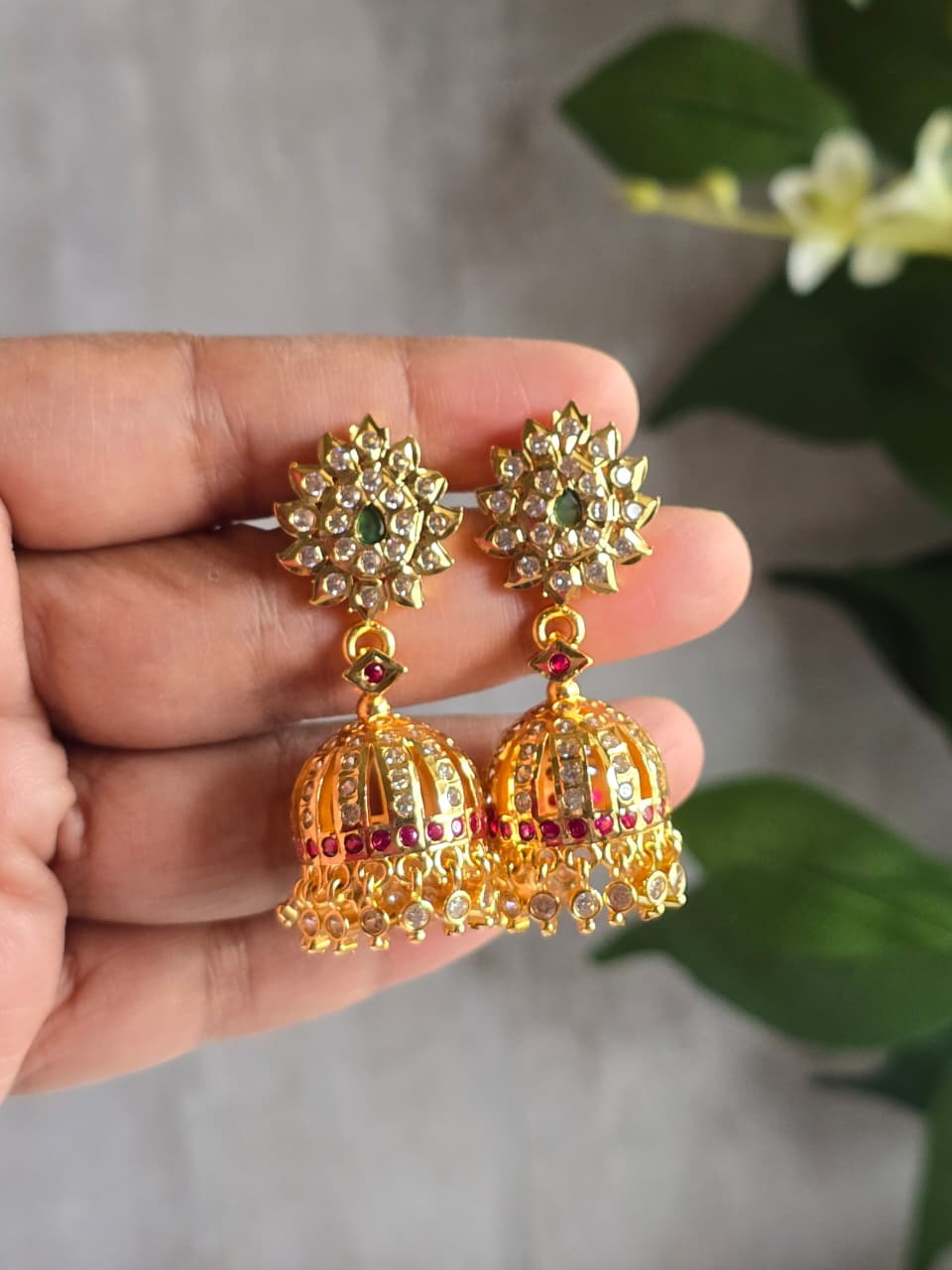 Traditional Gold Finish CZ & Ruby Stone Jhumka Earrings | Indian Ethnic Wedding Jewelry