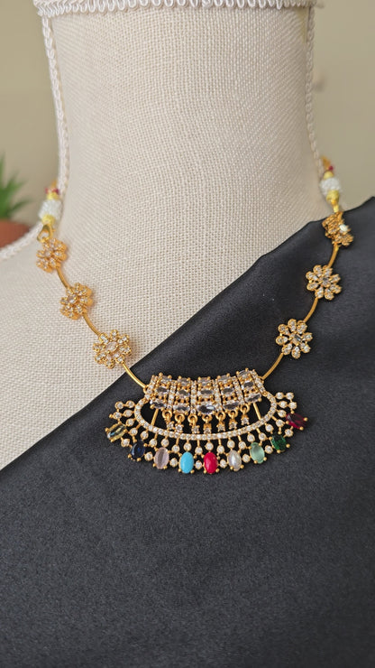 INDIAN MULTI Jewellery -  Necklace set with Ad Cz Navaratna stones Dainty Trendy gifts for women girls
