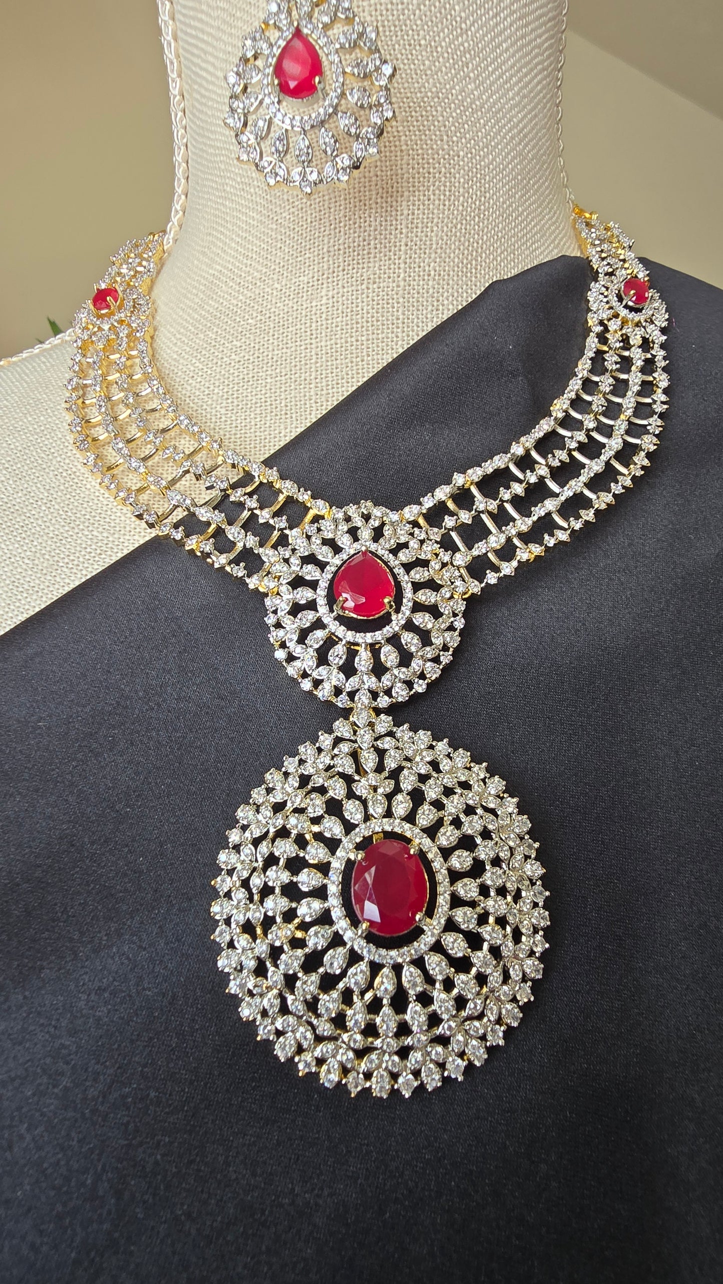 INDIAN RUBY HARAM Jewelry Mid length Necklace Earrings & Maang tika Diamond finish