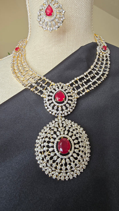 INDIAN RUBY HARAM Jewelry Mid length Necklace Earrings & Maang tika Diamond finish