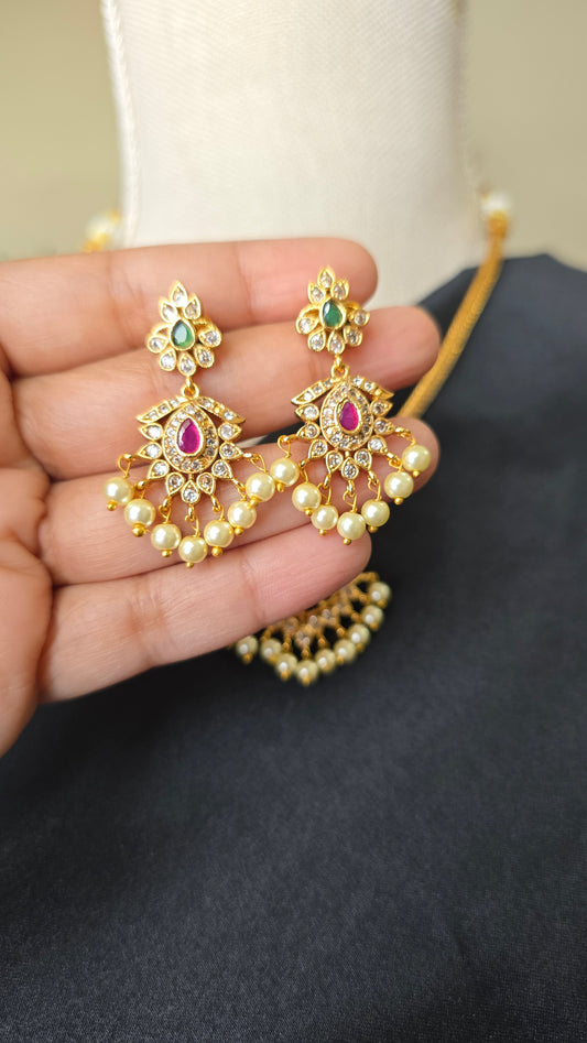 Gold finish Pendant chain necklace with pearl drops Guttapusalu Trending Jewellery set