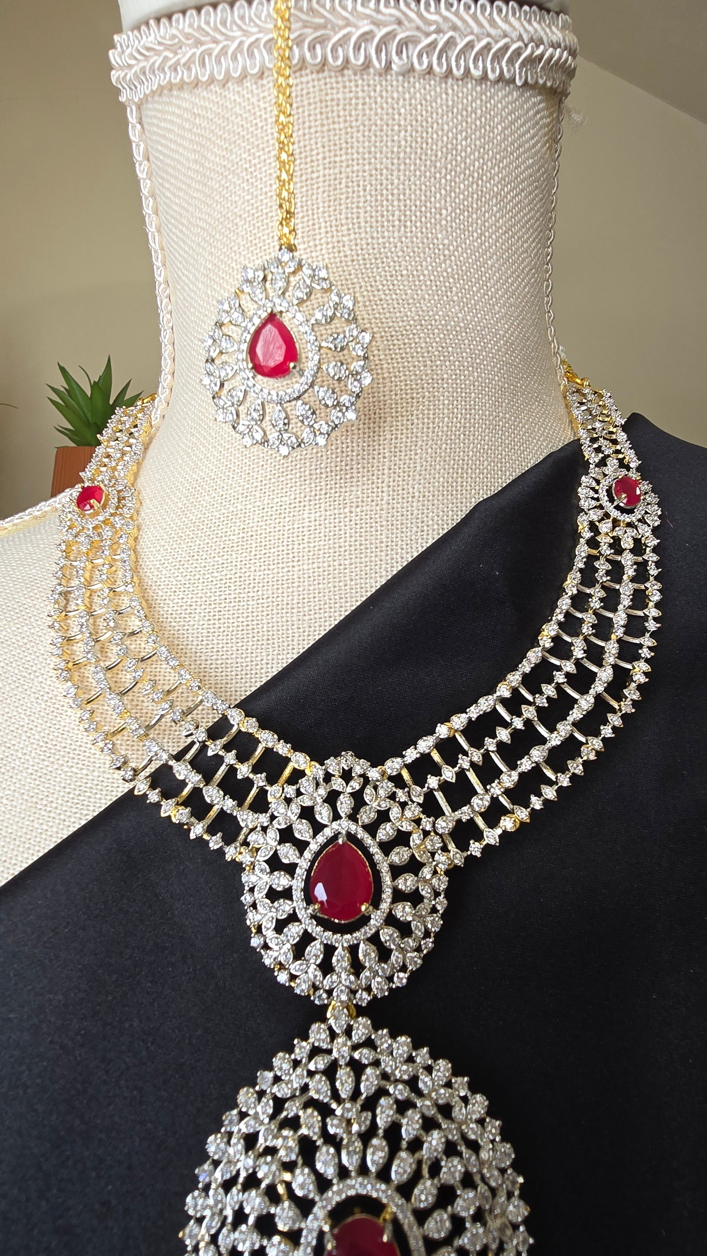 INDIAN RUBY HARAM Jewelry Mid length Necklace Earrings & Maang tika Diamond finish