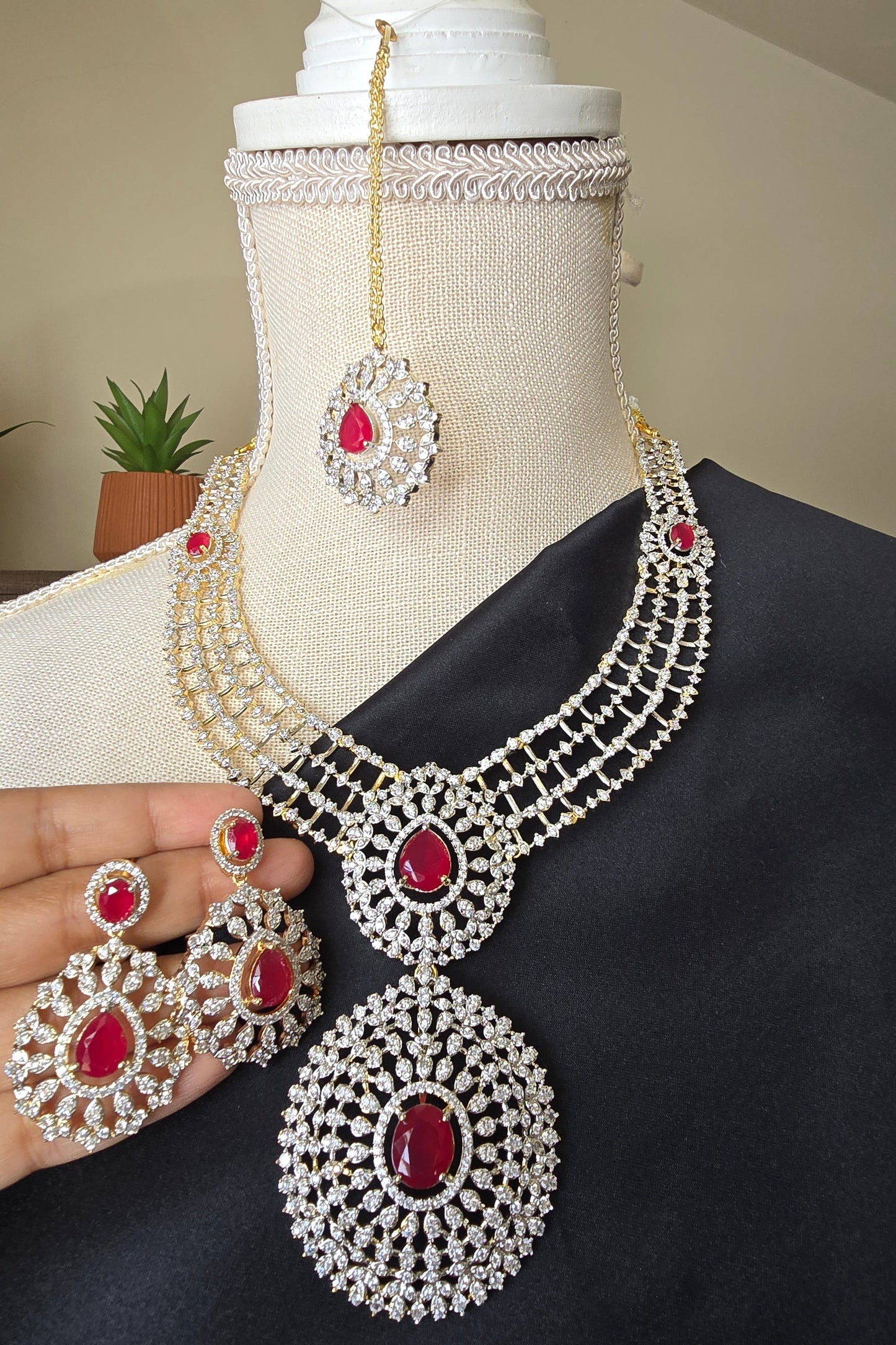 INDIAN RUBY HARAM Jewelry Mid length Necklace Earrings & Maang tika Diamond finish