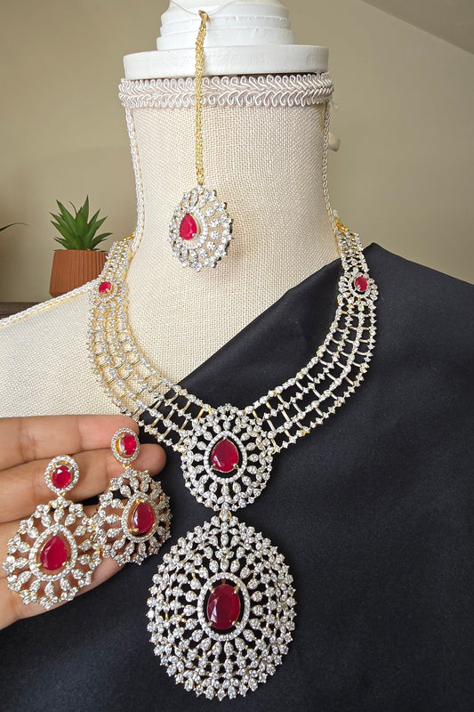 INDIAN RUBY HARAM Jewelry Mid length Necklace Earrings & Maang tika Diamond finish