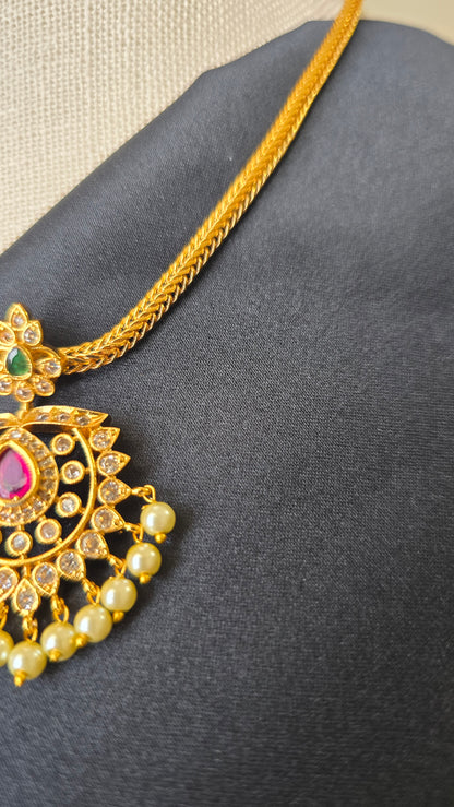 Gold finish Pendant chain necklace with pearl drops Guttapusalu Trending Jewellery set