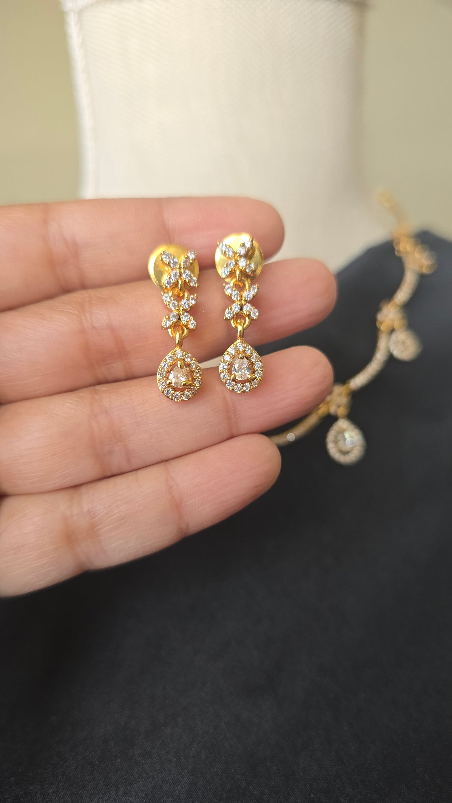 Classic AD Necklace earrings jewellery set with CZ stones in gold finish