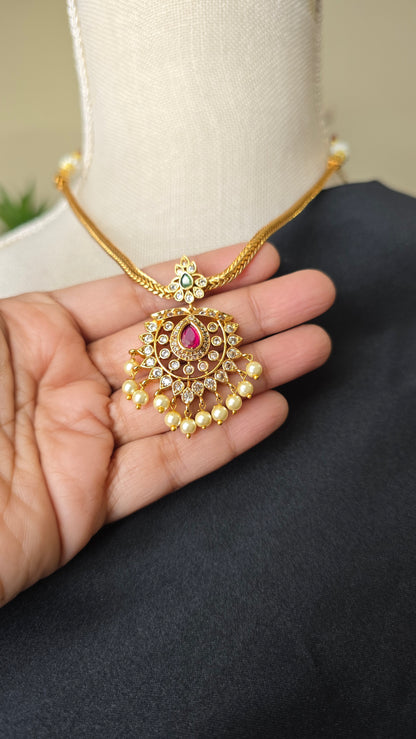 Gold finish Pendant chain necklace with pearl drops Guttapusalu Trending Jewellery set