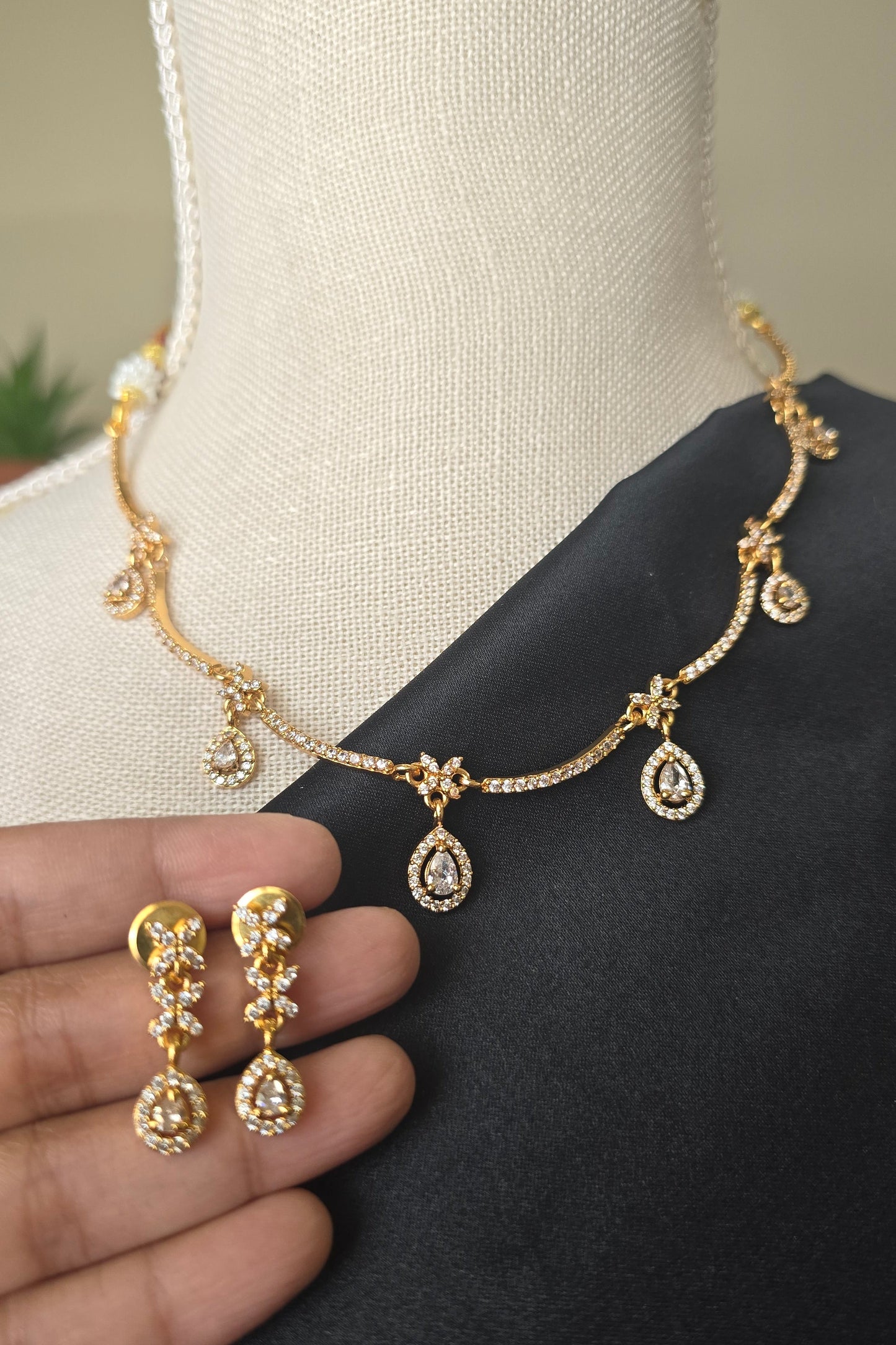 Classic AD Necklace earrings jewellery set with CZ stones in gold finish