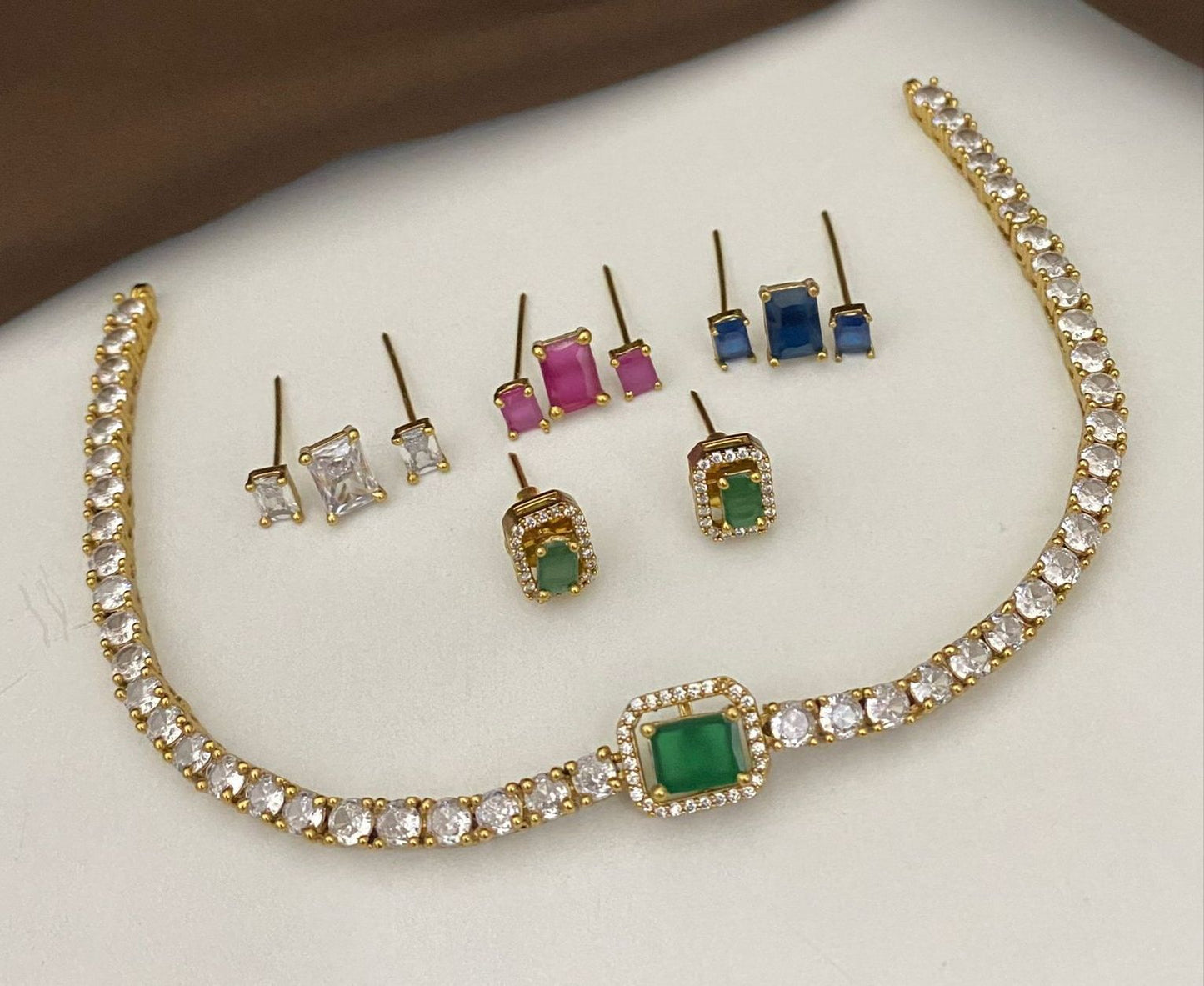 Interchangeable Stone Choker Necklace – Gold Finish CZ Choker with 4 Changeable Stud Earrings | Emerald, Ruby, Sapphire & Crystal Set | South Indian Style Jewelry
