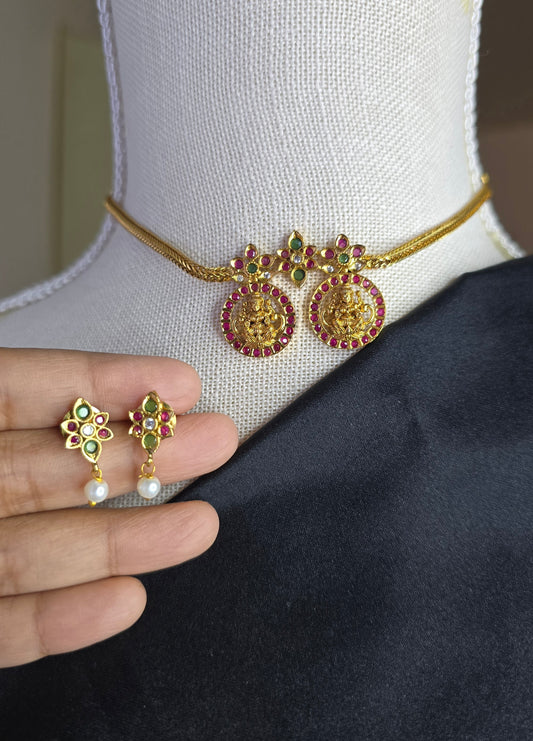 South Indian Temple Choker Necklace Set | Lakshmi Coin Choker with Ruby & Green Stones | Traditional Indian Bridal Jewelry | Budget Friendly Ethnic Necklace with Earrings