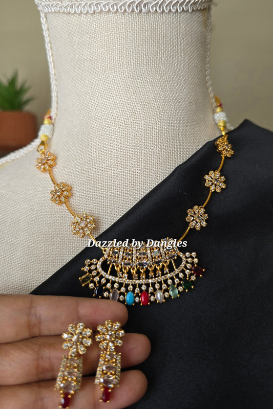 INDIAN MULTI Jewellery -  Necklace set with Ad Cz Navaratna stones Dainty Trendy gifts for women girls