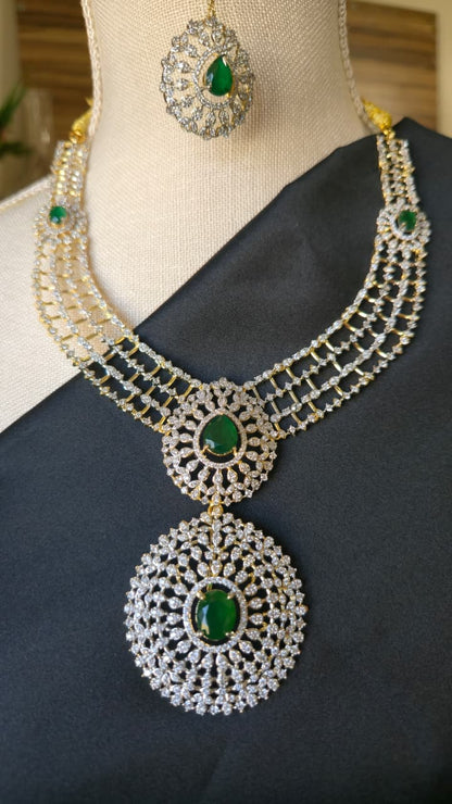 INDIAN EMERALD Haram Jewelry Mid length Earrings & Maang tika Diamond look