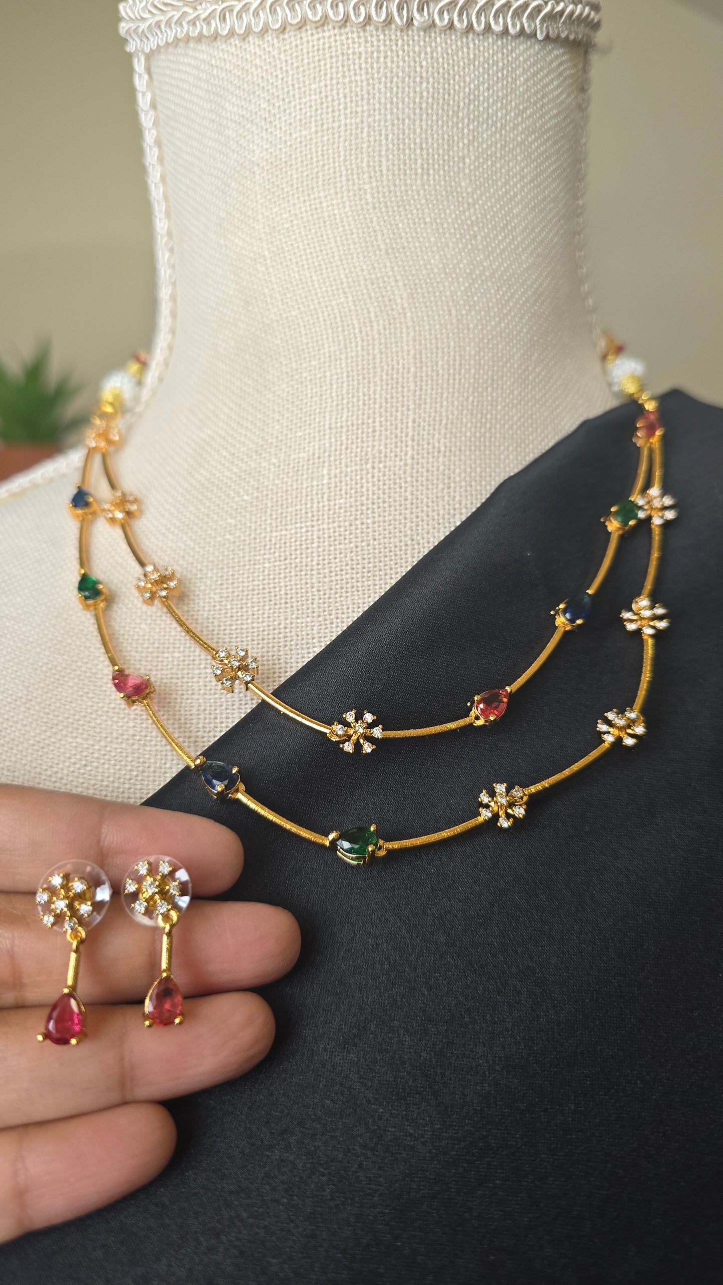 Multi Stone Necklace earrings set AD jewellery set Matte finish necklace