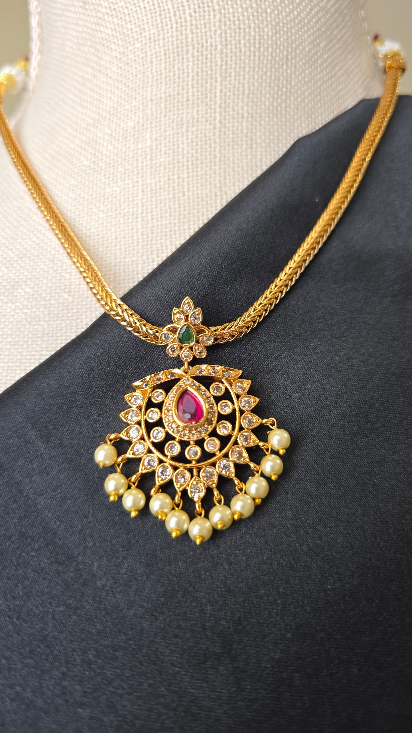 Gold finish Pendant chain necklace with pearl drops Guttapusalu Trending Jewellery set