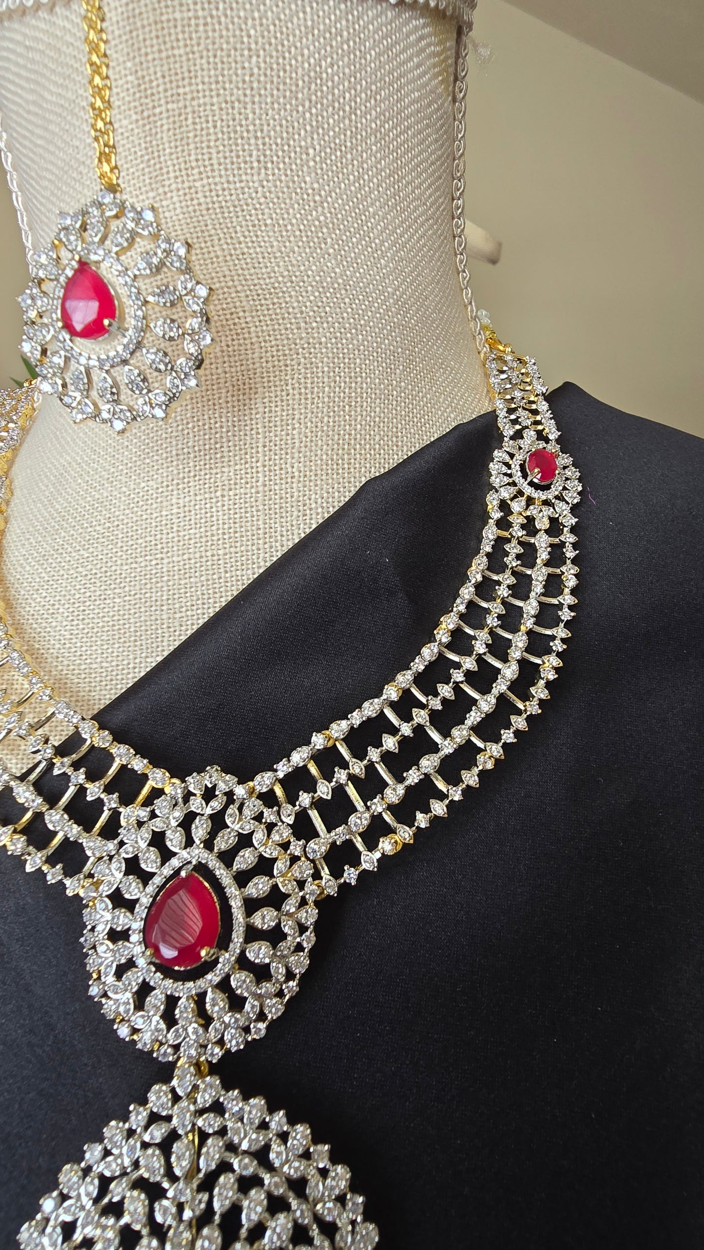 INDIAN RUBY HARAM Jewelry Mid length Necklace Earrings & Maang tika Diamond finish