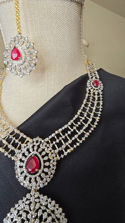 INDIAN RUBY HARAM Jewelry Mid length Necklace Earrings & Maang tika Diamond finish