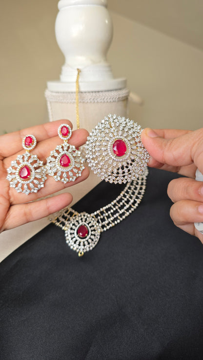 INDIAN RUBY HARAM Jewelry Mid length Necklace Earrings & Maang tika Diamond finish