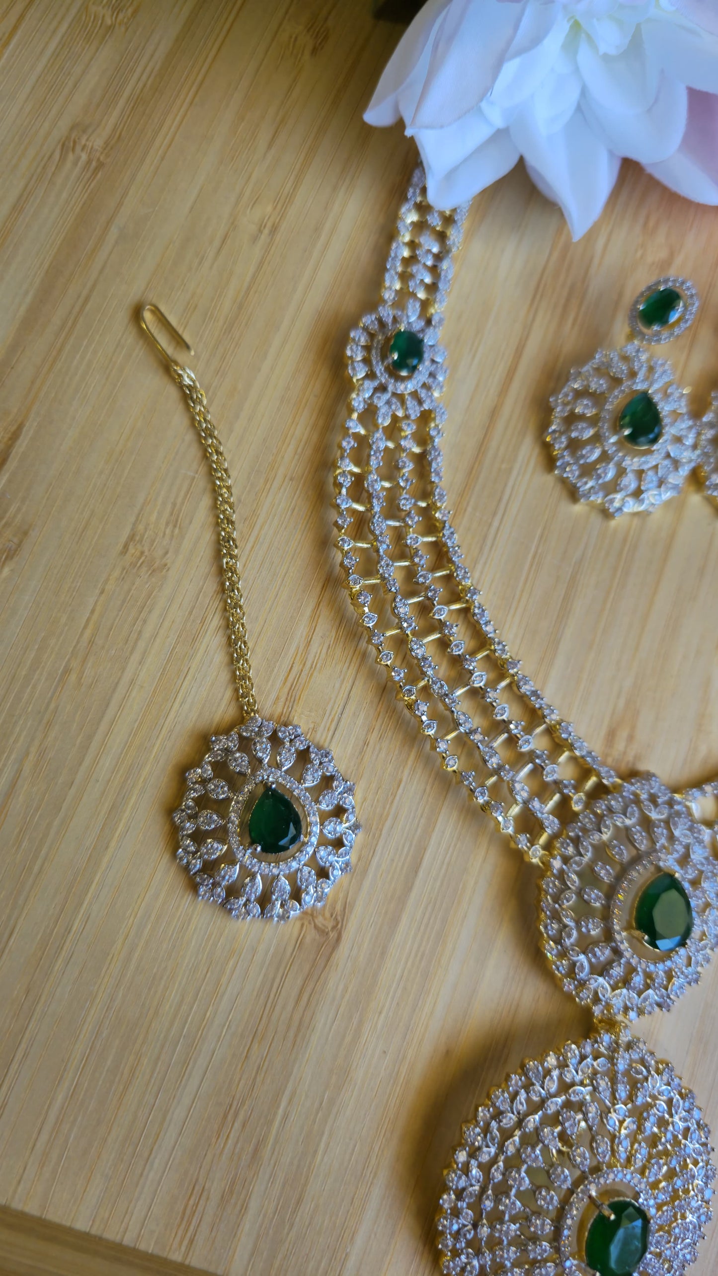 INDIAN EMERALD Haram Jewelry Mid length Earrings & Maang tika Diamond look