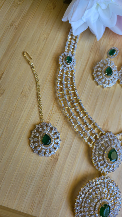 INDIAN EMERALD Haram Jewelry Mid length Earrings & Maang tika Diamond look