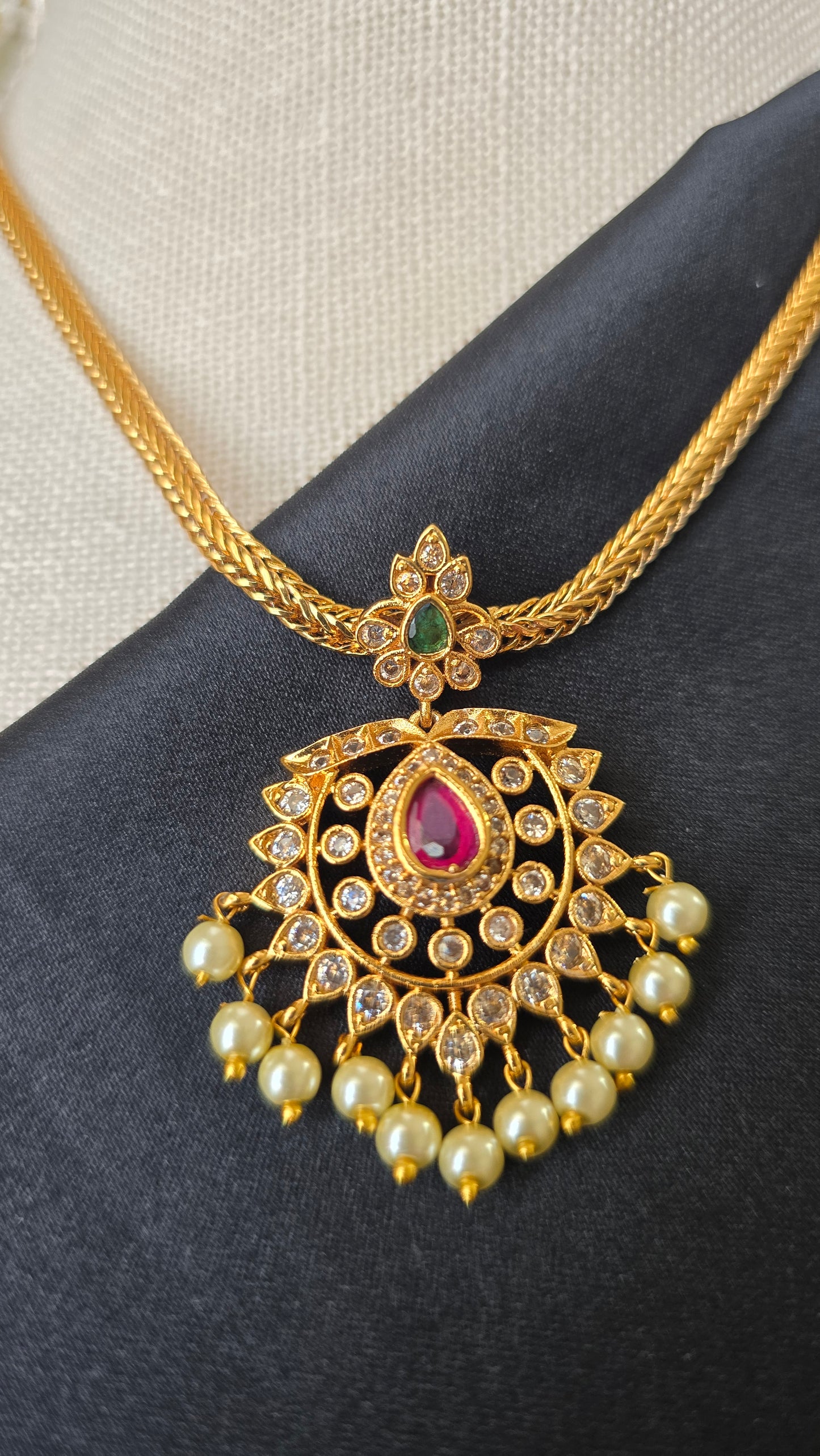 Gold finish Pendant chain necklace with pearl drops Guttapusalu Trending Jewellery set