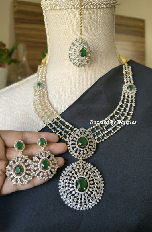 INDIAN EMERALD Haram Jewelry Mid length Earrings & Maang tika Diamond look