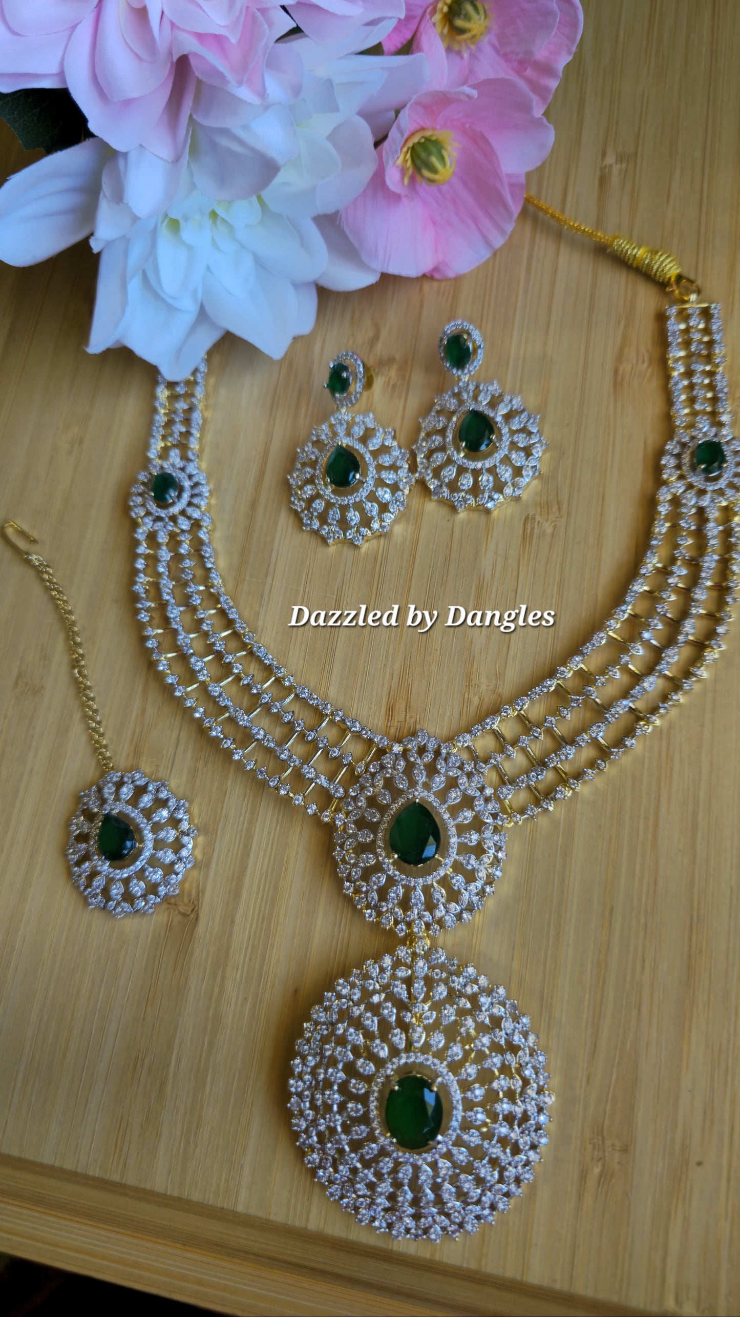 INDIAN EMERALD Haram Jewelry Mid length Earrings & Maang tika Diamond look