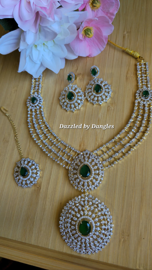 INDIAN EMERALD Haram Jewelry Mid length Earrings & Maang tika Diamond look