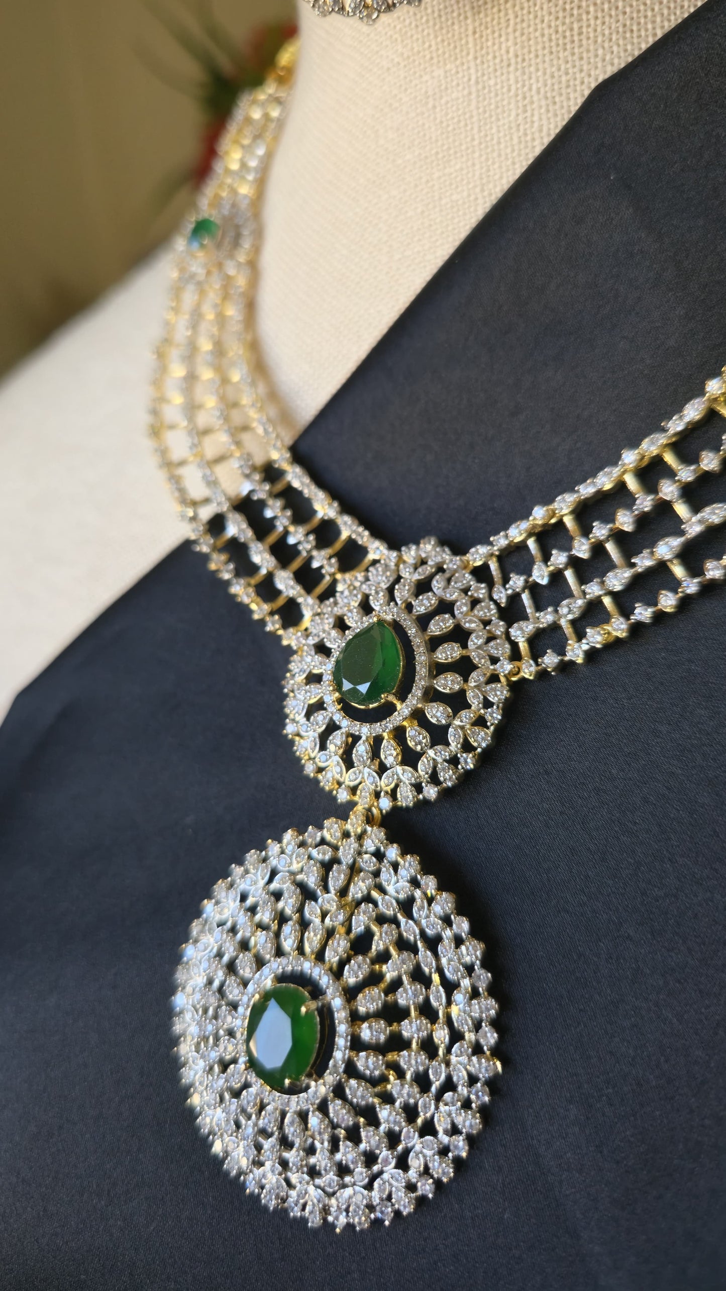 INDIAN EMERALD Haram Jewelry Mid length Earrings & Maang tika Diamond look