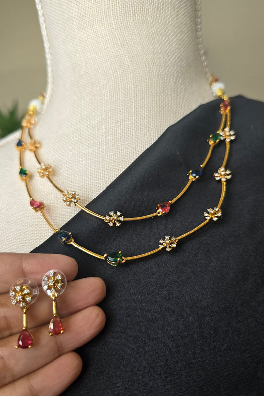 Multi Stone Necklace earrings set AD jewellery set Matte finish necklace