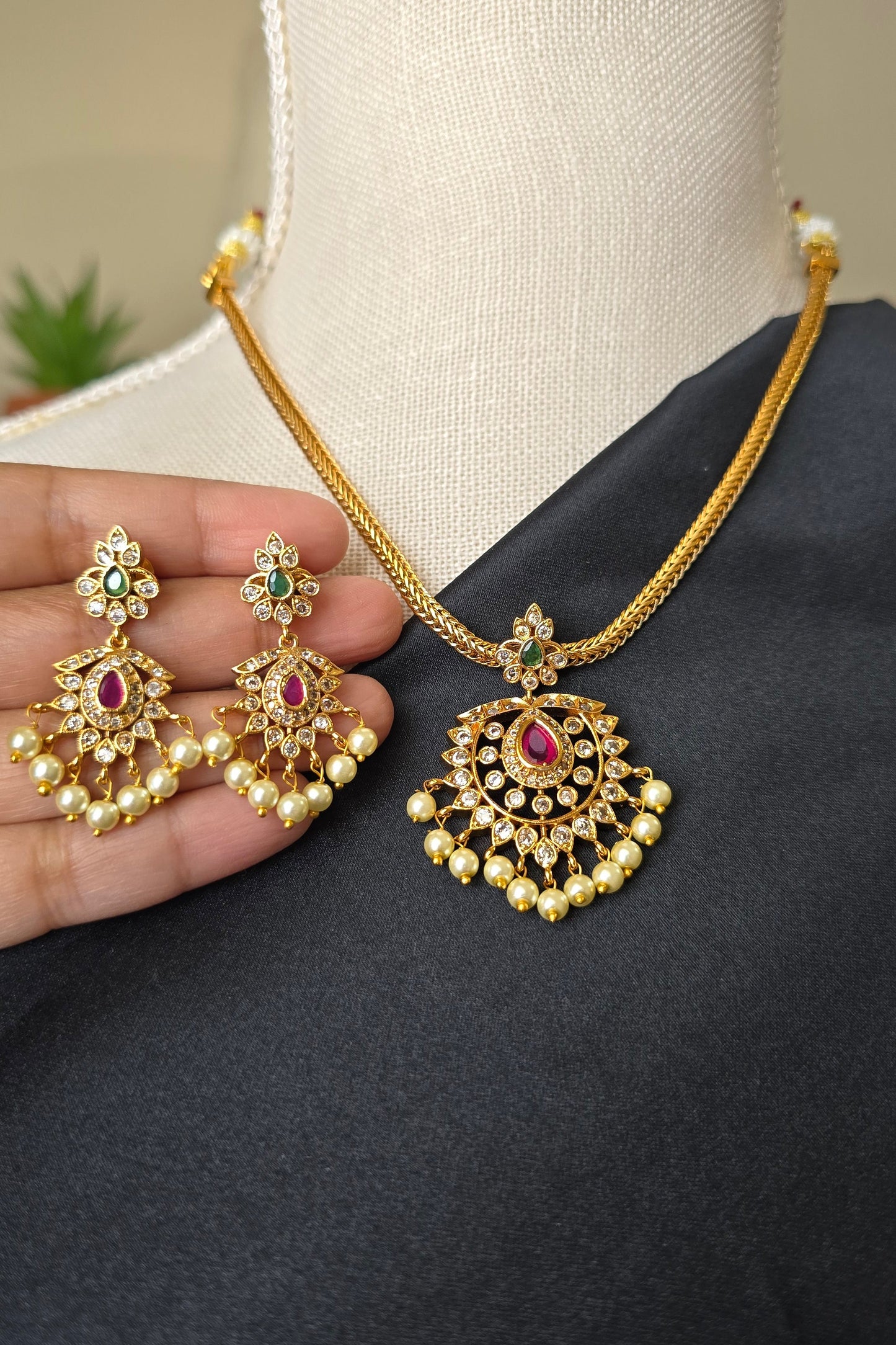 Gold finish Pendant chain necklace with pearl drops Guttapusalu Trending Jewellery set