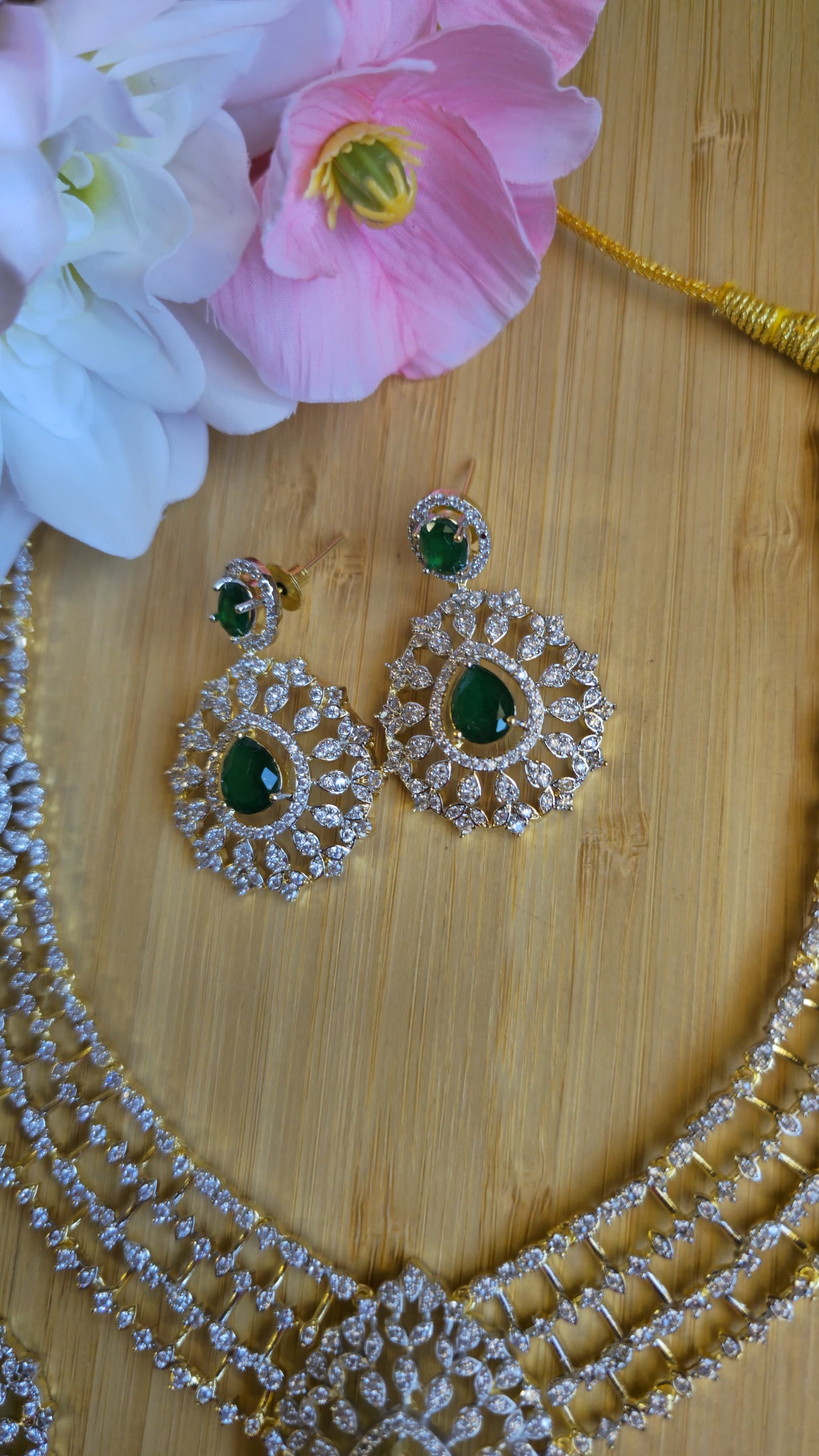 INDIAN EMERALD Haram Jewelry Mid length Earrings & Maang tika Diamond look