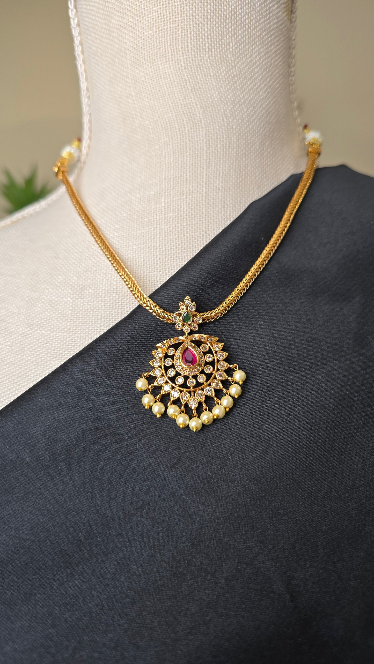 Gold finish Pendant chain necklace with pearl drops Guttapusalu Trending Jewellery set