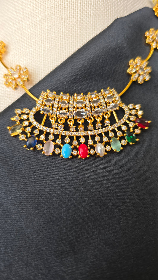 INDIAN MULTI Jewellery -  Necklace set with Ad Cz Navaratna stones Dainty Trendy gifts for women girls