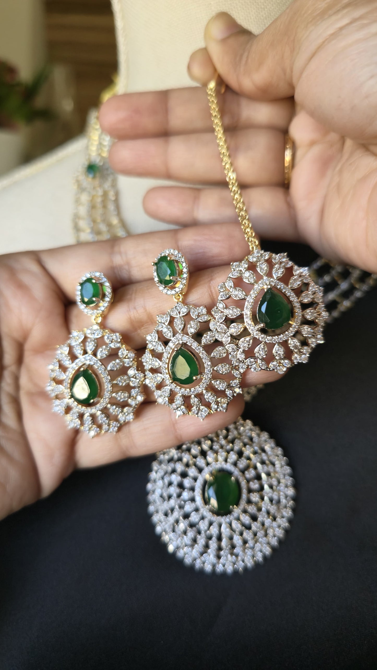 INDIAN EMERALD Haram Jewelry Mid length Earrings & Maang tika Diamond look